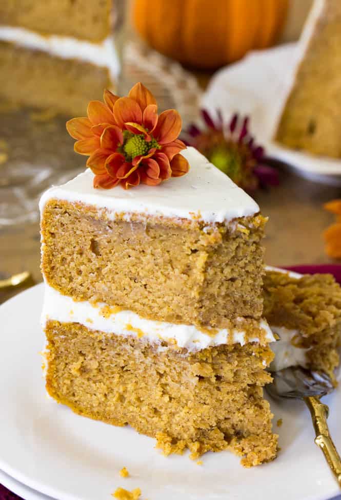 A slice of soft pumpkin cake || SugarSpunRun.com